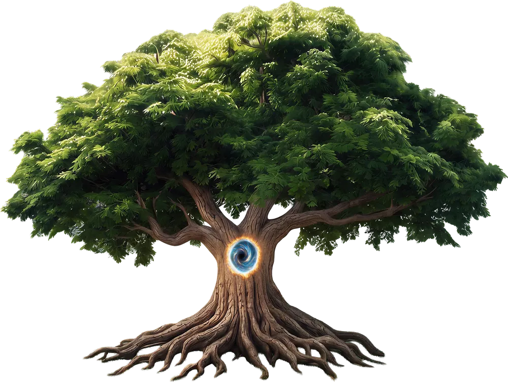The Elowyn Tree: a great tree with a glowing portal in its trunk